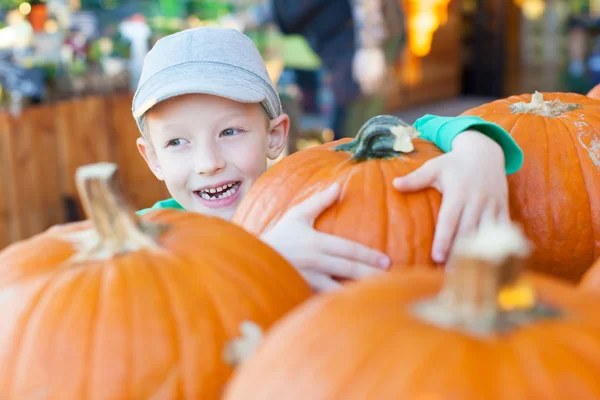 Kid på pumpkin patch — Stockfoto