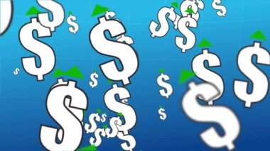Yükselen dolar oranı. Döngülü animasyon. Bir Amerikan dolar sembolü bulutu kameranın görüş alanında dönüyor. Sembolün üzerinde yeşil bir ok var. Avro döviz kuru artışı durumu.