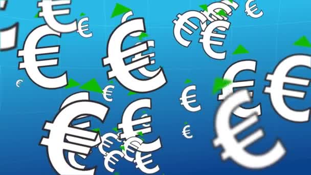Soaring euro rate. A cloud of euro symbols spins across the cameras field of view. There is a green arrow above the symbol. Situation of the euro exchange rate increase.