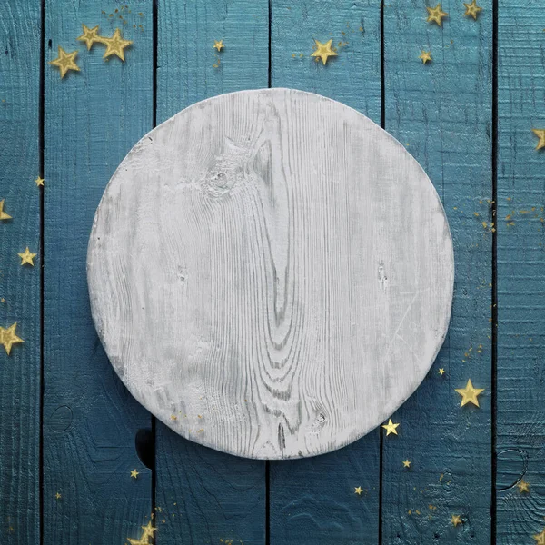 Gouden Confetti Blauwe Houten Achtergrond Met Witte Cirkel — Stockfoto