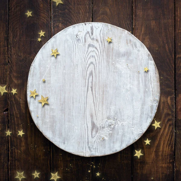 Kerst Gouden Confetti Houten Achtergrond Met Witte Cirkel — Stockfoto