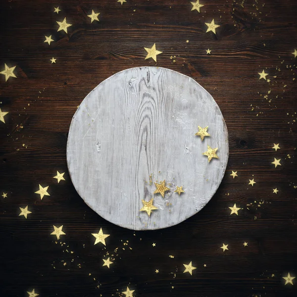 Kerst Gouden Confetti Houten Achtergrond Met Witte Cirkel — Stockfoto