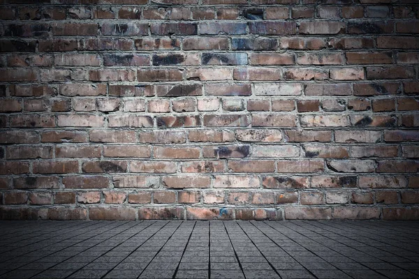 Empty Room Bricks Wall Tiled Floor Dark Background — Stock Photo, Image