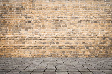 Duvarı tuğlalı ve döşemesi fayanslı boş bir oda. İç arkaplan.