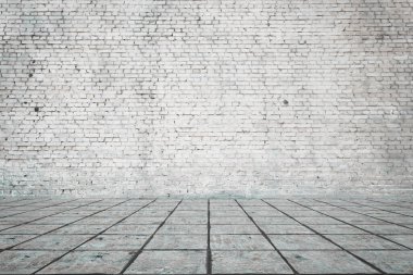 Duvarı tuğlalı ve döşemesi fayanslı boş bir oda. İç arkaplan.