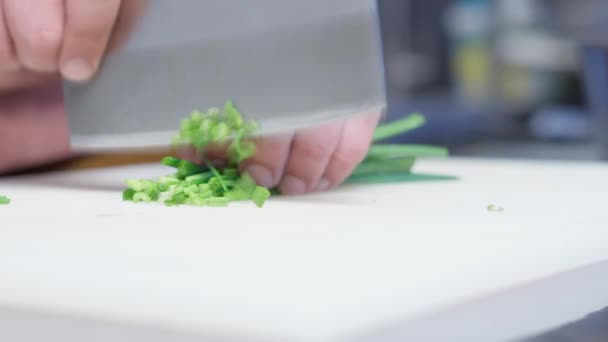 Chef Cutting Spring Onion Using Sharp Knife Chopping Board — Stock Video