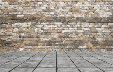 Duvarı tuğlalı ve döşemesi fayanslı boş bir oda. İç arkaplan.