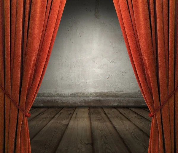 Old Interior Red Curtains Concrete Wall — Stock Photo, Image