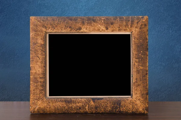 Wooden Photo Frame Table Blue Wall — Stock Photo, Image