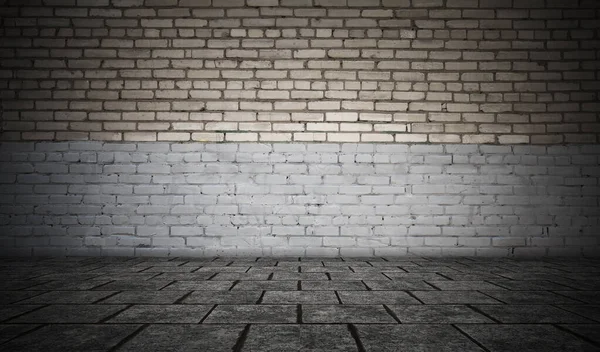 Habitación Vacía Con Pared Ladrillos Suelo Baldosas Fondo Oscuro — Foto de Stock