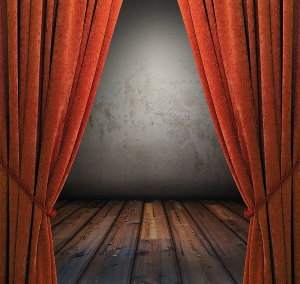 Old Interior Red Curtains Concrete Wall — Stock Photo, Image