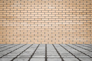 Duvarı tuğlalı ve döşemesi fayanslı boş bir oda. İç arkaplan.