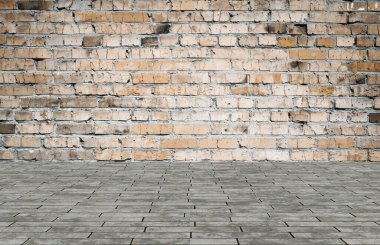 Duvarı tuğlalı ve döşemesi fayanslı boş bir oda. İç arkaplan.