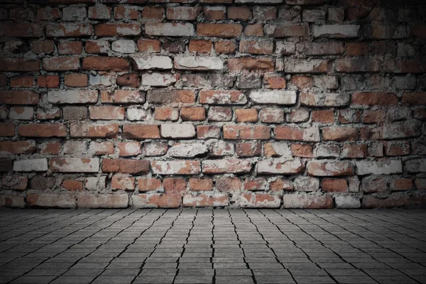 Leerer Raum Mit Ziegelwand Und Fliesenboden Dunkler Hintergrund — Stockfoto