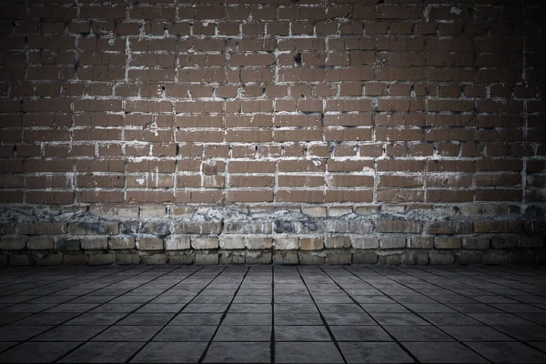 Empty Room Bricks Wall Tiled Floor Dark Background — Stock Photo, Image