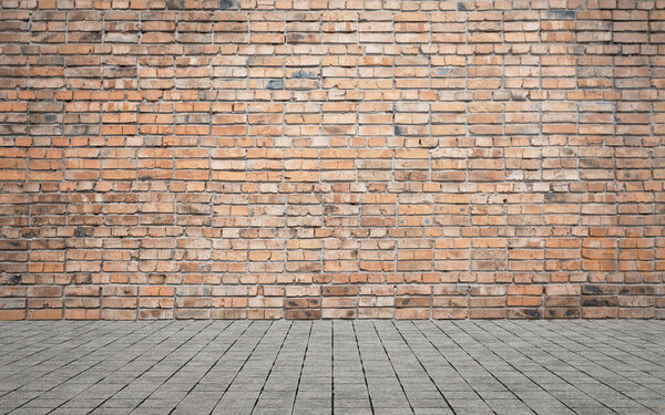 Empty room with bricks wall and tiled floor. Interior background.