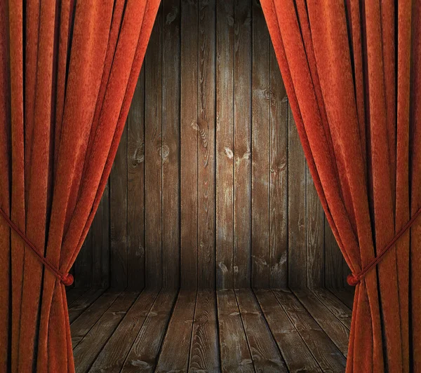 Stare Wnętrze Czerwonymi Zasłonami Drewniana Ściana — Zdjęcie stockowe