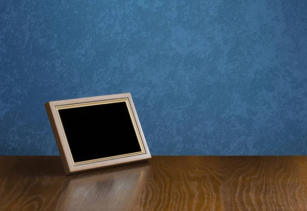 Wooden Photo Frame Table Blue Wall — Stock Photo, Image