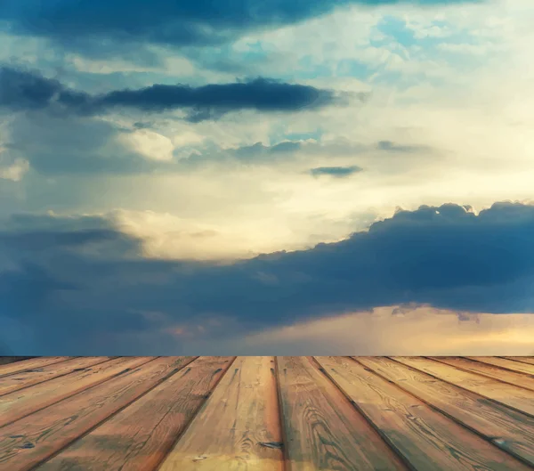 Coucher de soleil ciel et plancher en bois — Image vectorielle