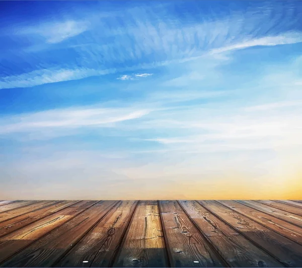 Coucher de soleil ciel et plancher en bois — Image vectorielle