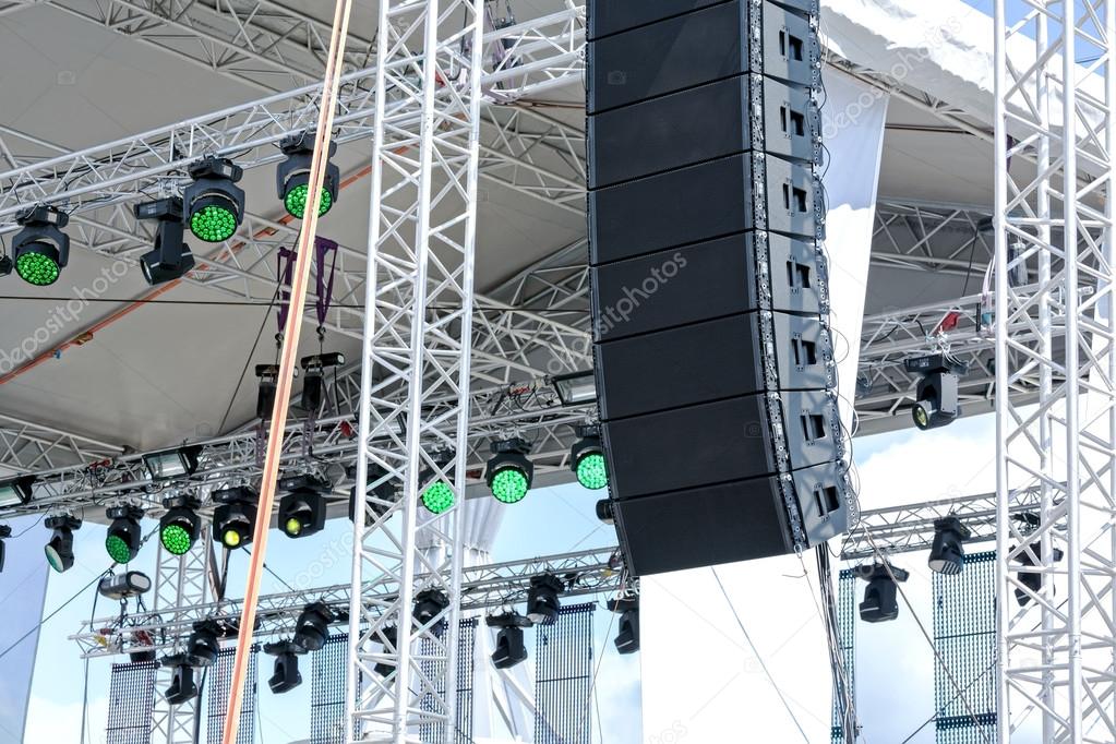 Outdoor Stage With Lighting And Sound Equipment Stock Photo Stage Lighting And Sound Equipment On Outdoor Before Concert Photo By Mrtwister