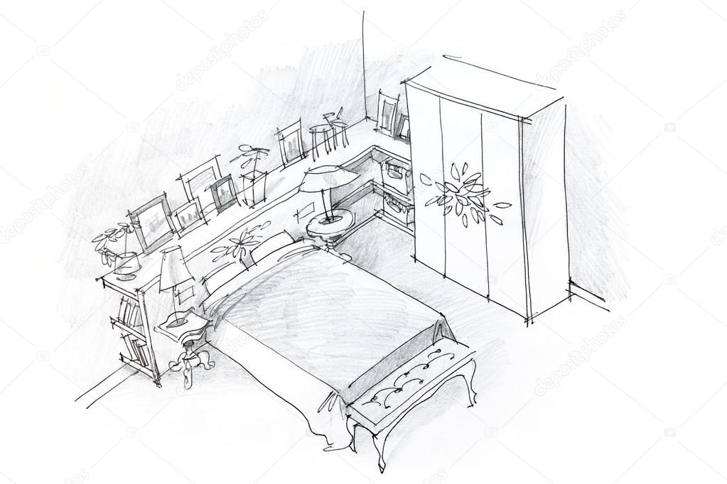 Freehand Pencil Drawing Of Bedroom Interior Black And White