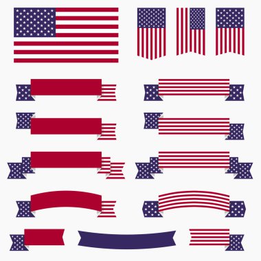 Kırmızı beyaz mavi Amerikan bayrağı, kurdeleler ve afiş