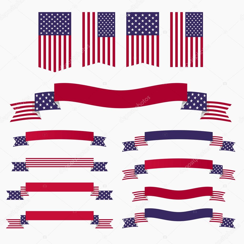 Red white blue american flag, ribbons and banners