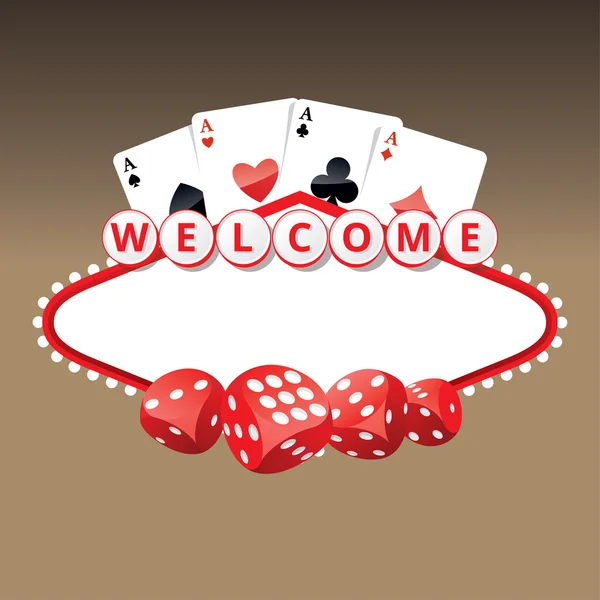 Señal de bienvenida con cuatro cartas de ases y dados de juego — Vector de stock