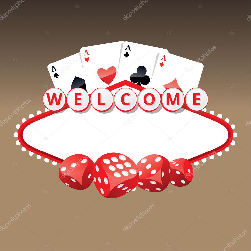 Welcome sign with four aces cards and playing dices