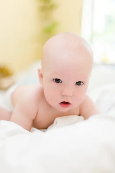 Bebé arrastrándose en la cama en casa —  Fotos de Stock
