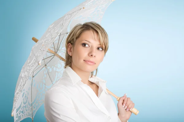 Portrait of attractive woman with lacy umbrella — Stock Photo, Image