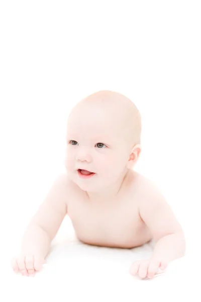 Pequeño bebé divertido sobre fondo blanco — Foto de Stock