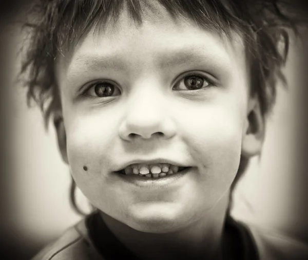 BW portrait of smiling happy boy — Stock Photo, Image