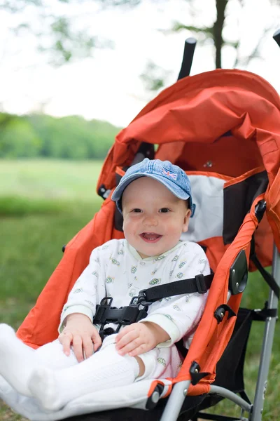 Bambino in passeggino seduto sulla natura — Foto Stock