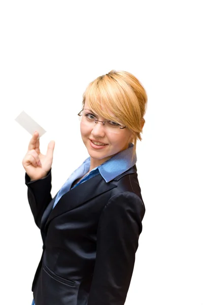 Geschäftsfrau halbe Drehung und Visitenkarte zeigen — Stockfoto