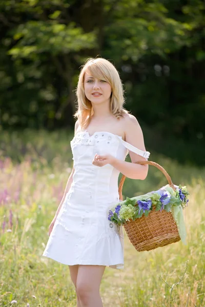 Sexy girl walk with basket on meadow — Stock Photo, Image