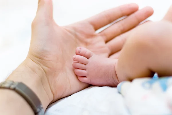 Padre mantenga la pierna del bebé en la mano — Foto de Stock