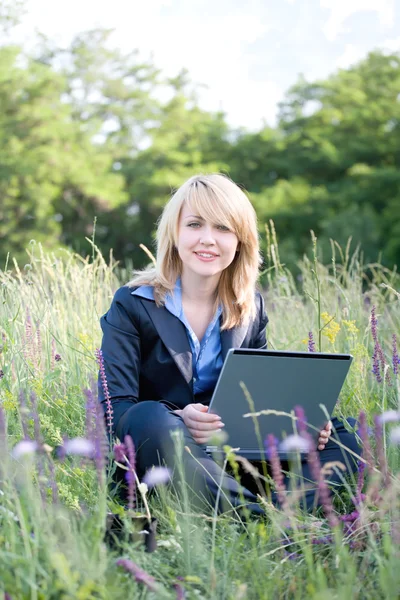 Zakenvrouw zittend op het gras met laptop — Stockfoto