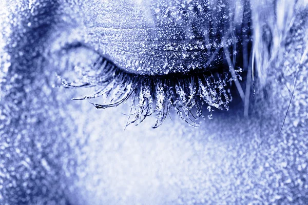 Ojo de mujer congelado cubierto de heladas Fotos De Stock
