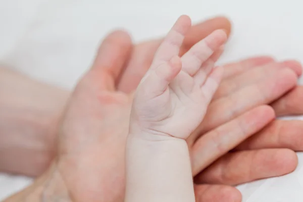 Отец и мать держат ребенка за руку — стоковое фото