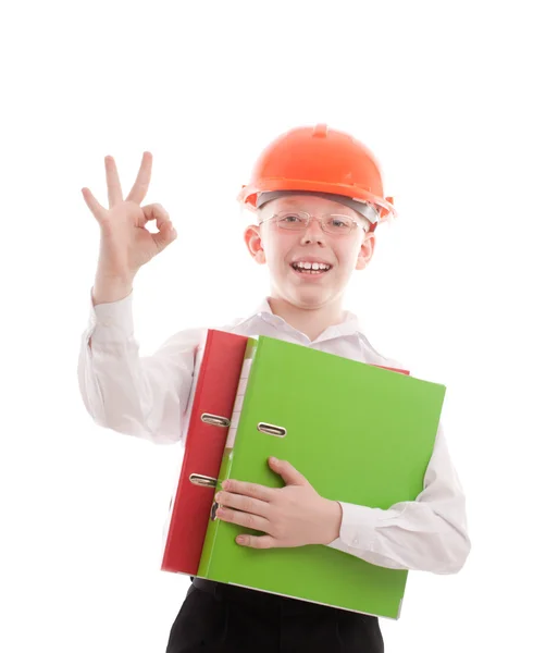 Happy teenager in helmet and folders show OK sign — Stock Photo, Image