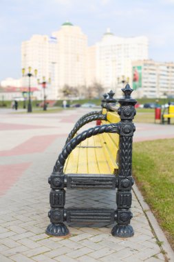 Park bankında şehir manzarası ile