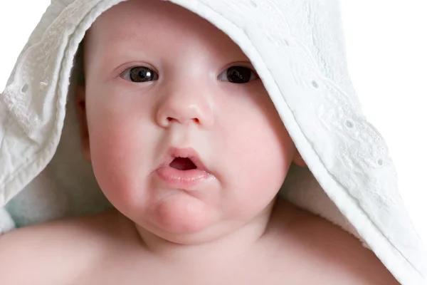 Little baby under white towel — Stock Photo, Image