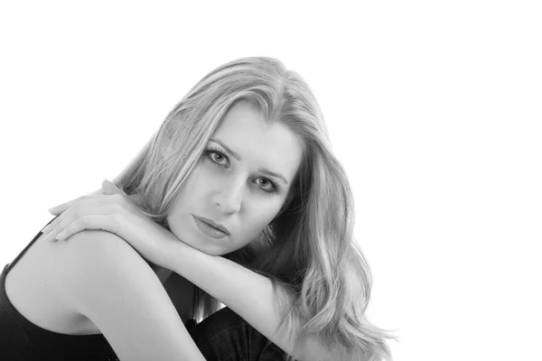 Portrait of blond in black dress over white — Stock Photo, Image