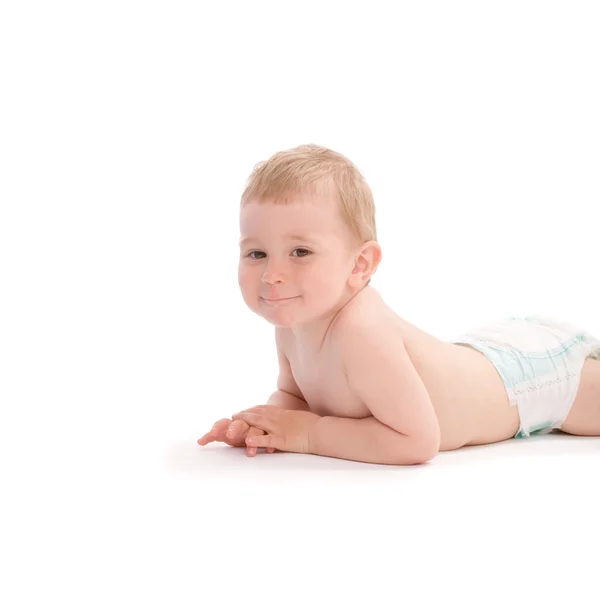 Portrait of baby lying on white background — Stock Photo, Image