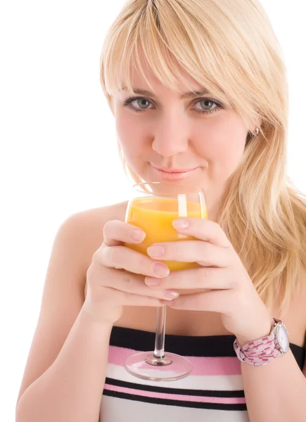 Attractive girl drinking fresh orange juice — Stock Photo, Image