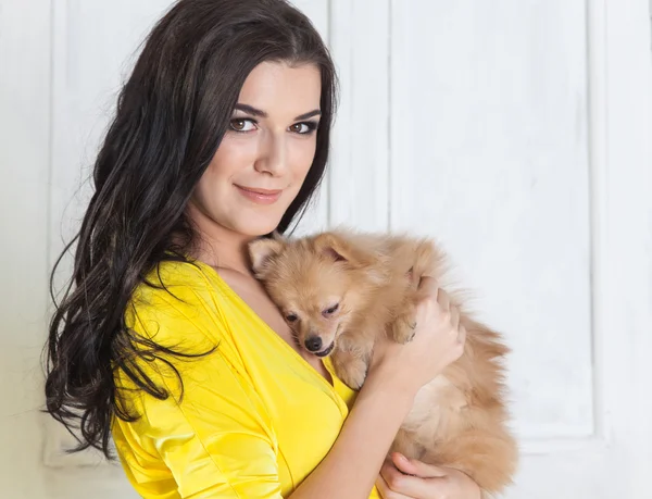 Mulher bonita morena em vestido amarelo com pequeno cão nas mãos — Fotografia de Stock