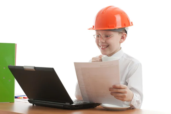 Teenager in helmet verify home plan — Stock Photo, Image