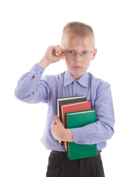 Boy embrace three interesting books — Stock Photo, Image